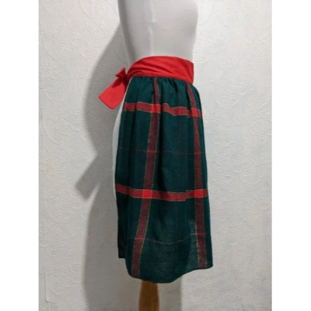 Green Christmas Red Woven Burlap Vintage Half Apron Holiday Plaid NOS